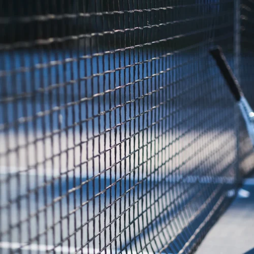 Tennis Racquet Is Standing Near Tennis Net Outside Bright Sunny Day | Santos Battaglia SL